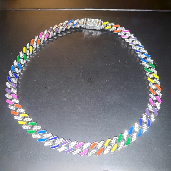 Iced Out Rainbow Men's Necklace 20" Stainless Steel Cuban Link - Picture 1 of 4